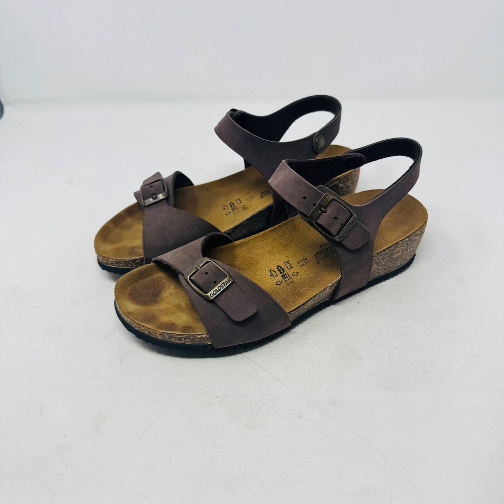 Goldstar Wedge Sandals Brown Size 38 Leather Cork Made In Italy Comfort Boho